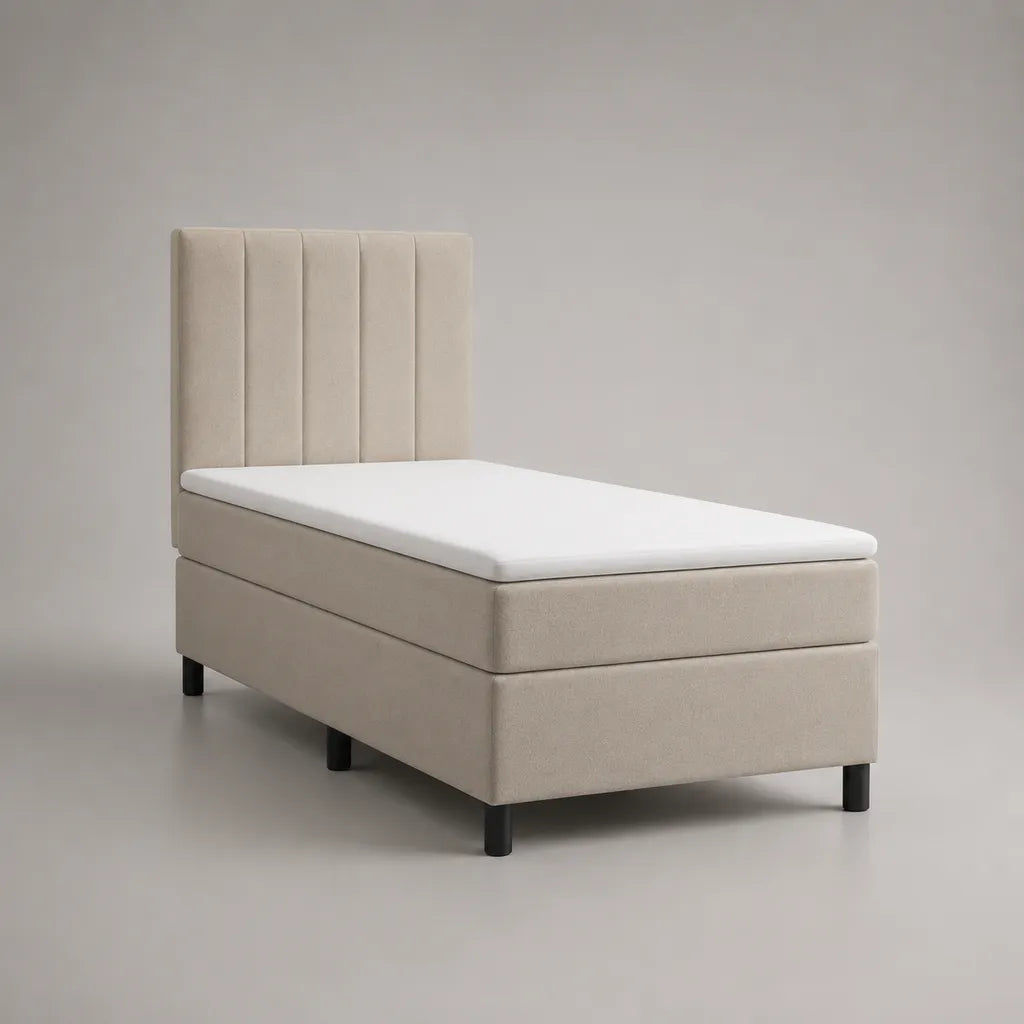 Set letto continentale singolo 90 × 200 cm in legno e tessuto con materassi, materassi e testiera beige