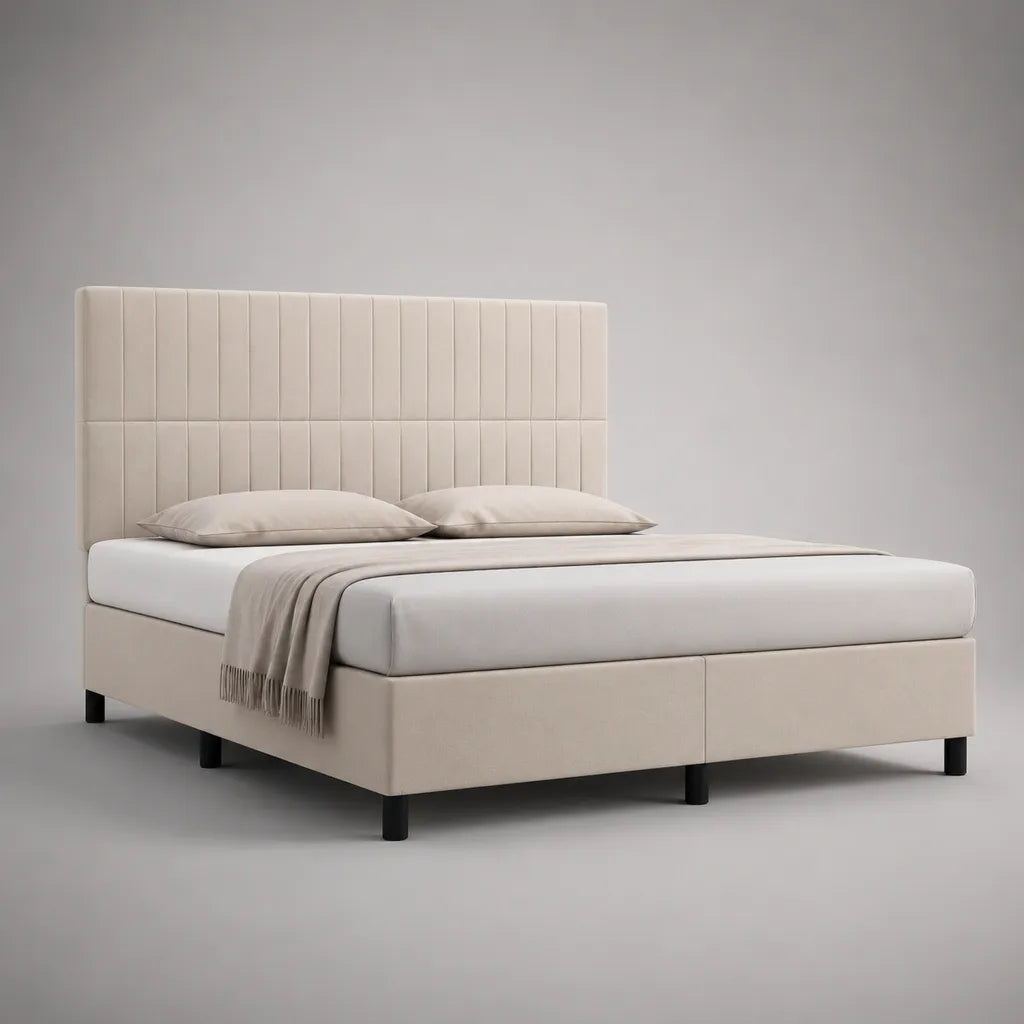 Letto matrimoniale imbottito in tessuto beige 160 × 200 cm con testa alta e letto con latte