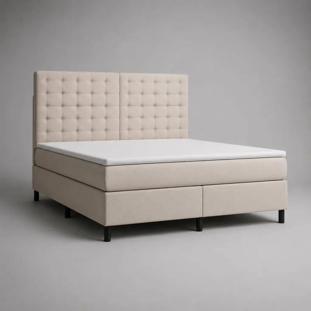 Letto matrimoniale imbottito in tessuto beige con testata, materasso e materasso, letto 180 × 200 cm