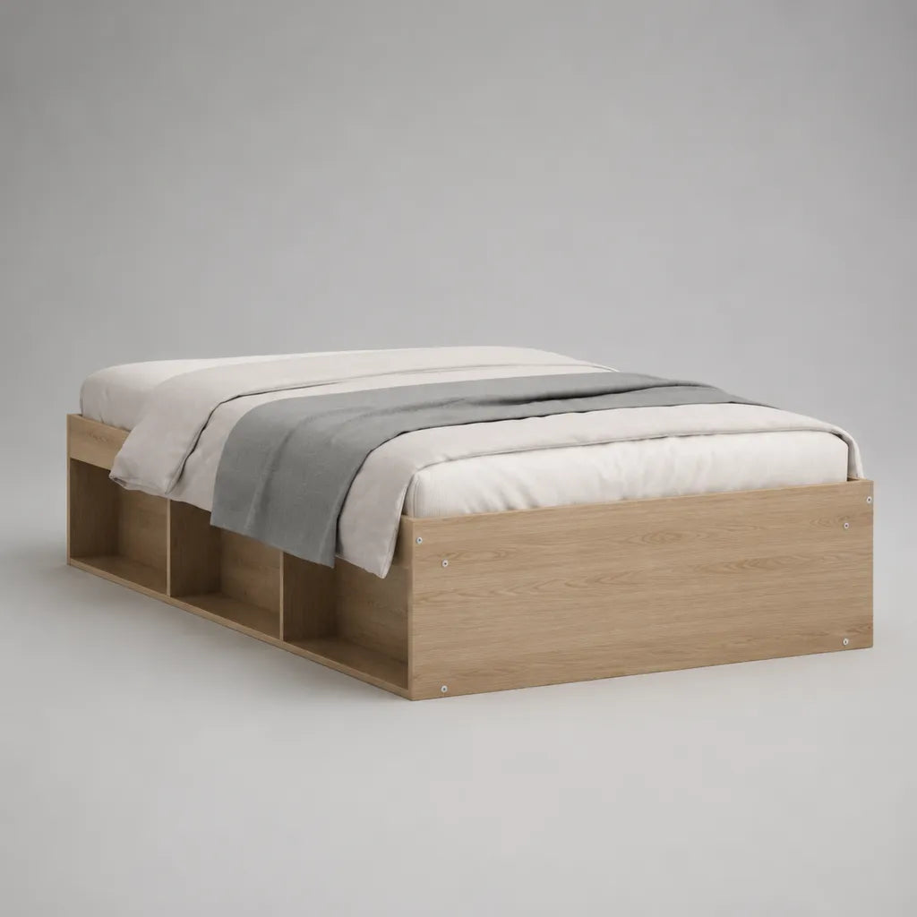 Doppio letto rettangolare con 6 nicchie di stoccaggio in pannelli di particelle di melamina, rovere naturale, letto 140 × 190 cm, dimensioni 195 × 146 × 45 cm