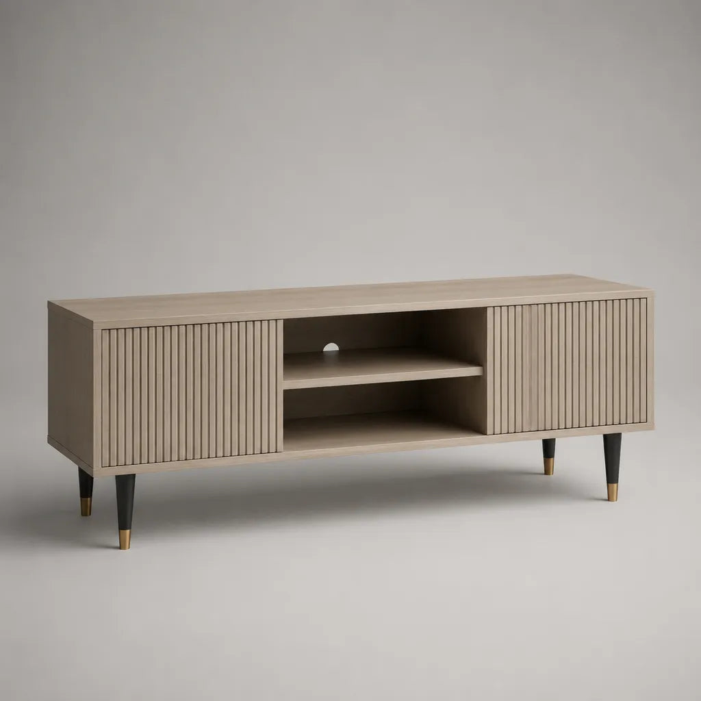 Basso armadio TV MDF taupe, nero e ottone con 2 porte scanalate e 2 nicchie, 140 × 40 × 60 cm
