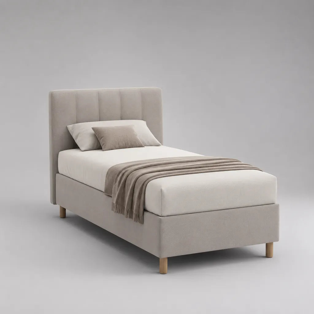 Letto singolo imbottito chiaro beige 90 × 200 cm con testata con pannelli verticali e lettino con latte