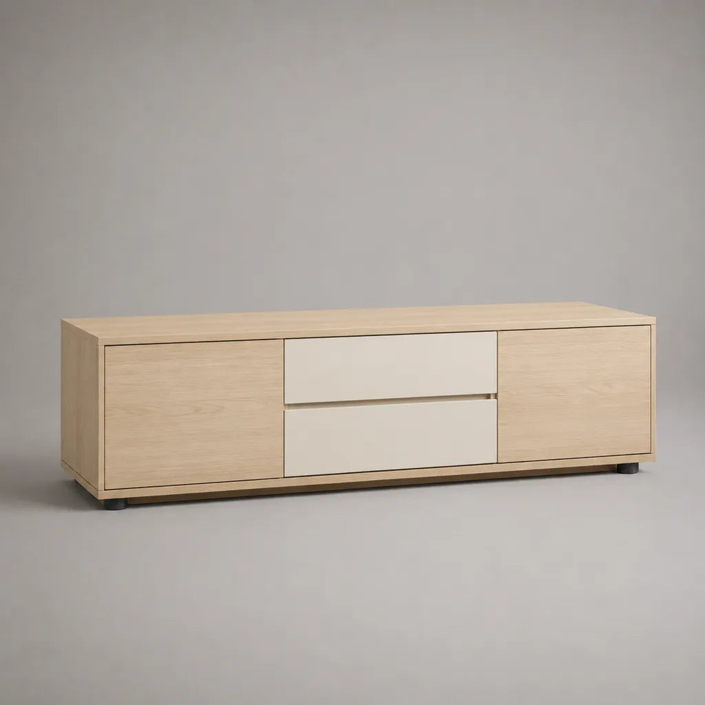 Basso armadio rettangolare TV in pannelli in melamina e MDF, 2 ante e 2 cassetti, rovere chiaro, bianco e nero, 160 × 40 × 55 cm
