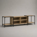 Armadio TV in legno e metallo con 6 nicchie aperte, rovere naturale e nero, 180 × 40 × 65 cm