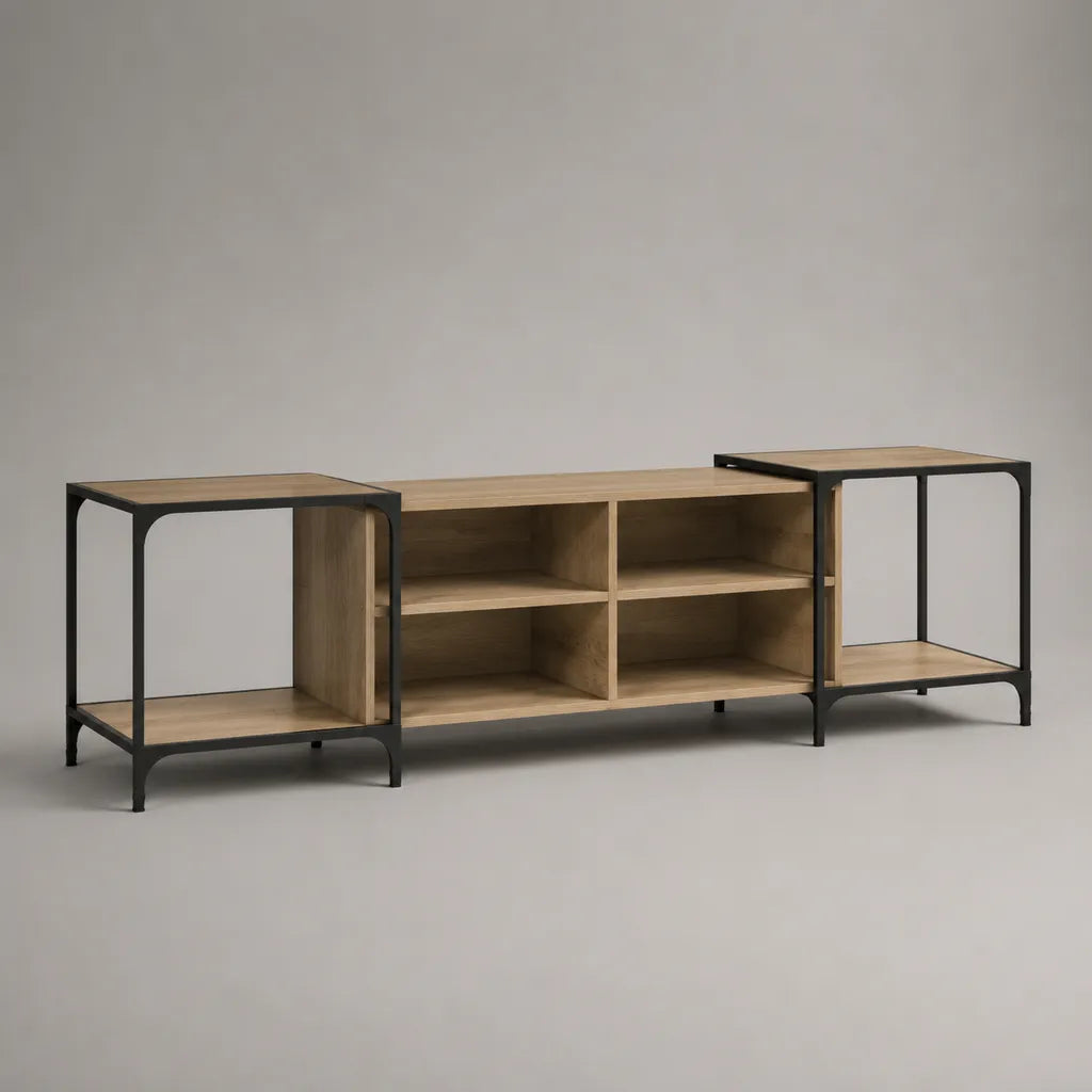Armadio TV in legno e metallo con 6 nicchie aperte, rovere naturale e nero, 180 × 40 × 65 cm
