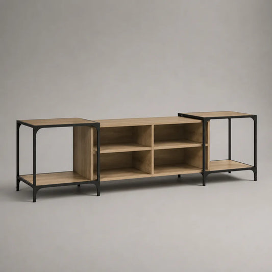 Armadio TV in legno e metallo con 6 nicchie aperte, rovere naturale e nero, 180 × 40 × 65 cm