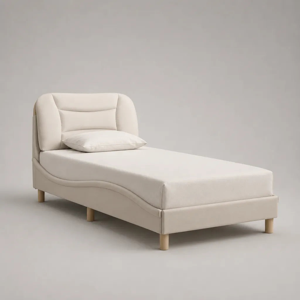 Letto singolo imbottito beige con materasso in schiuma e latte, 90 × 200 cm