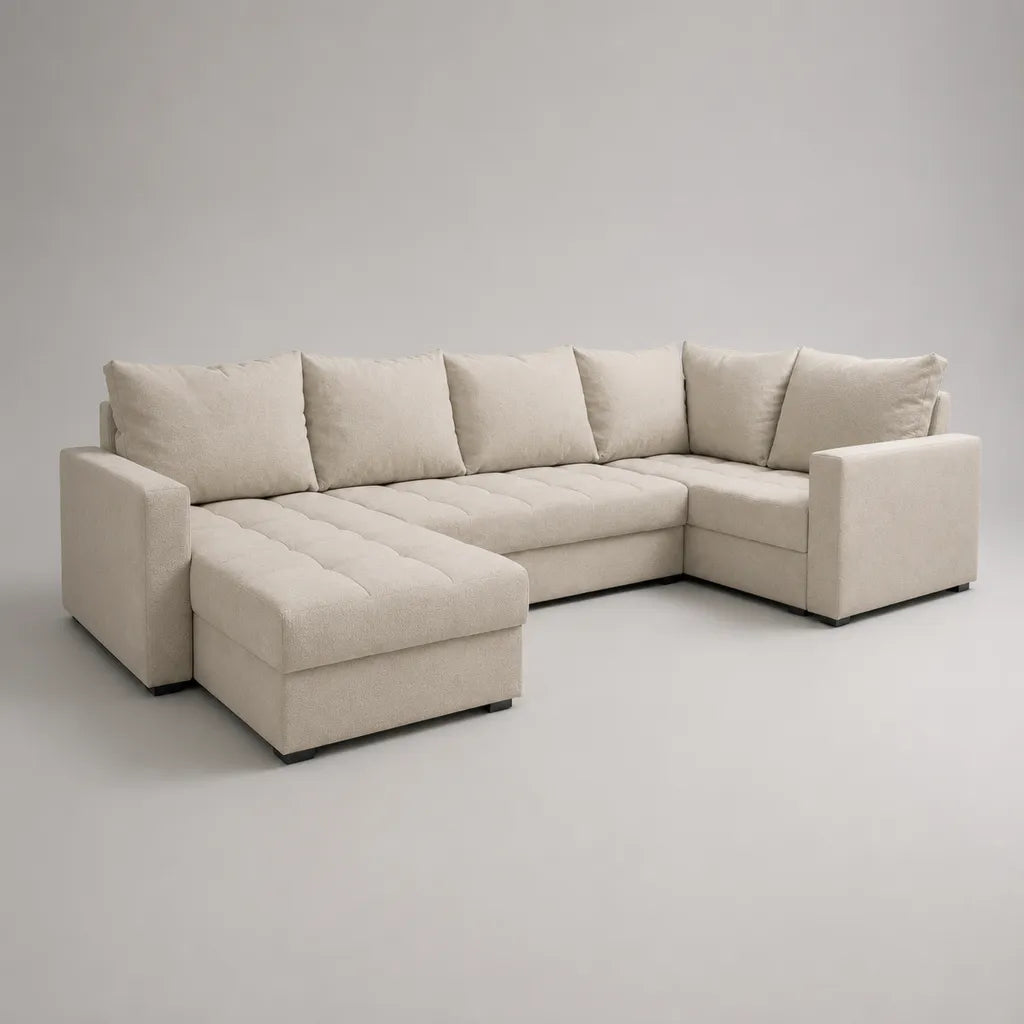Divano panoramico in U 5 quadrati in poliestere loop ecru, 310 × 200 × 88 cm