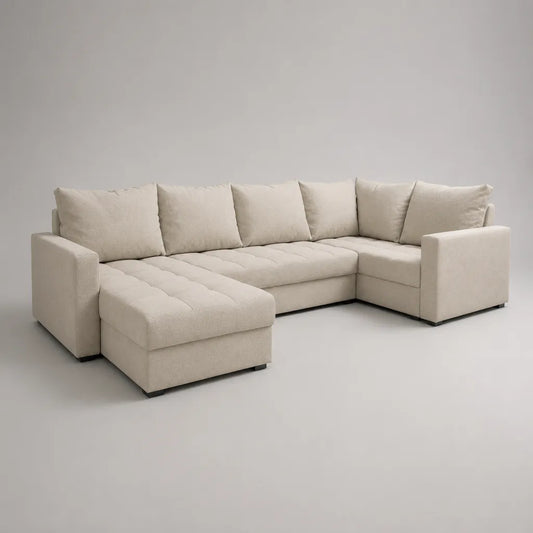 Divano panoramico in U 5 quadrati in poliestere loop ecru, 310 × 200 × 88 cm