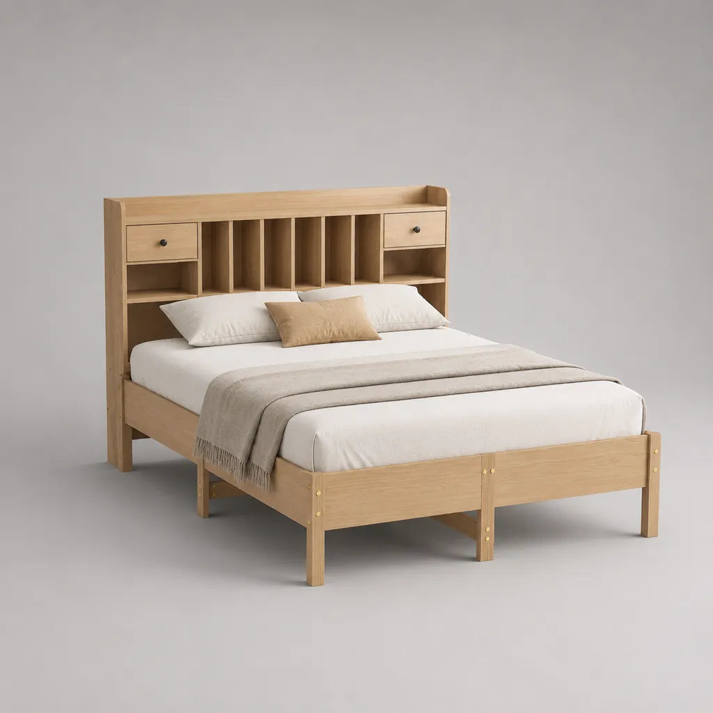 Letto matrimoniale in legno naturale 180 × 200 cm con libreria testata e 2 cassetti, dimensioni totali 225 × 218 × 145 cm