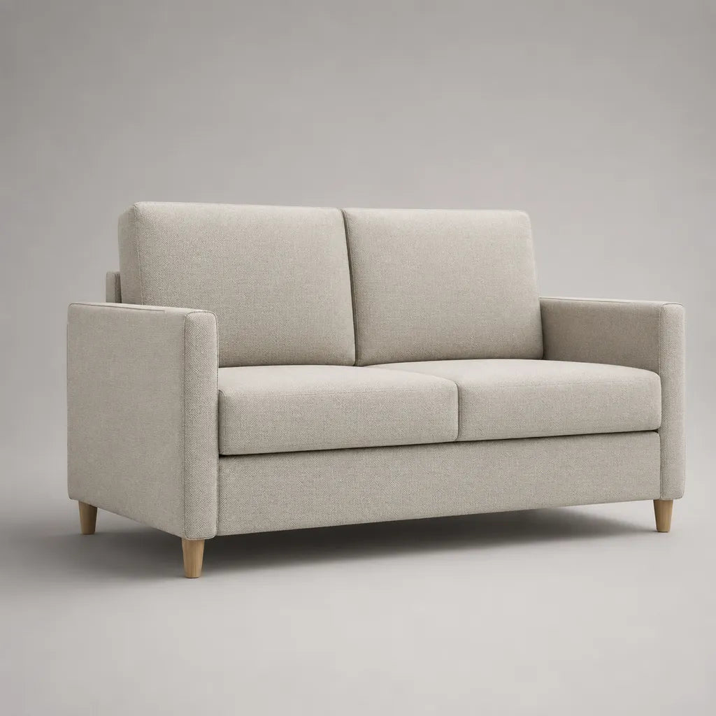 2 divano quadrato in tessuto beige chiaro con piedi in legno, 150 × 82 × 84 cm