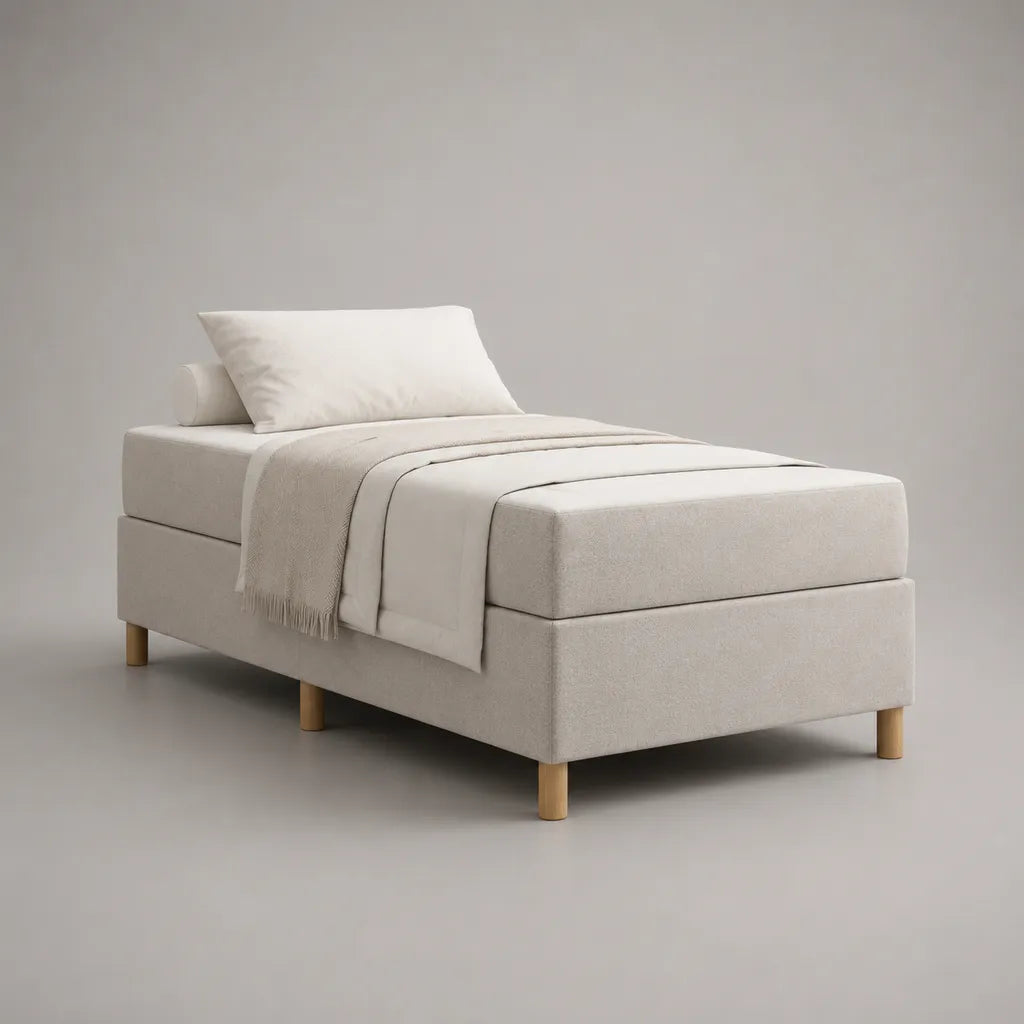 Letto singolo rettangolare imbottito in tessuto beige e legno, letto 90 × 200 cm, dimensioni 205 × 95 × 41 cm
