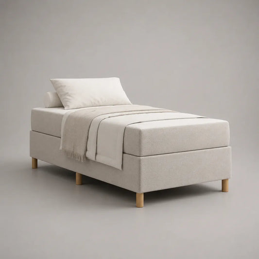 Letto singolo rettangolare imbottito in tessuto beige e legno, letto 90 × 200 cm, dimensioni 205 × 95 × 41 cm
