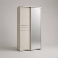 Armadio bianco e argentato con 2 porte scorrevoli con specchio, pannello a particelle e metallo, 100 × 60 × 200 cm