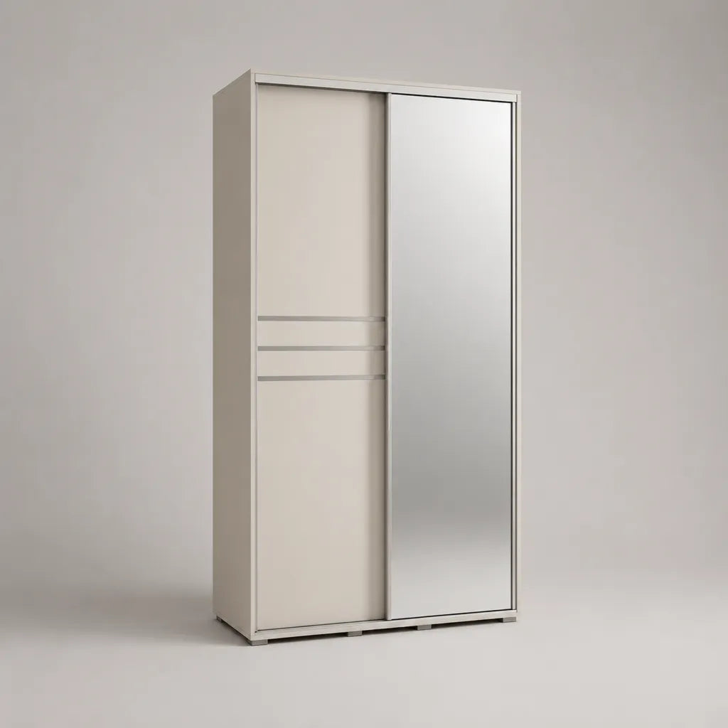 Armadio bianco e argentato con 2 porte scorrevoli con specchio, pannello a particelle e metallo, 100 × 60 × 200 cm