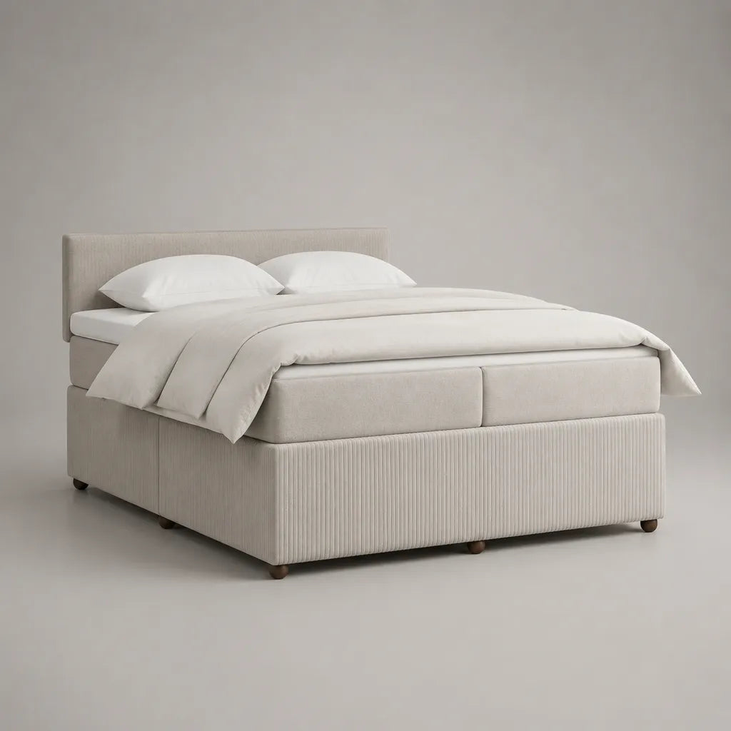 Letto matrimoniale beige in legno e metallo con 2 materassi e 2 materassi, letto 160 × 200 cm