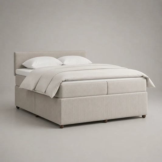 Letto matrimoniale beige in legno e metallo con 2 materassi e 2 materassi, letto 160 × 200 cm