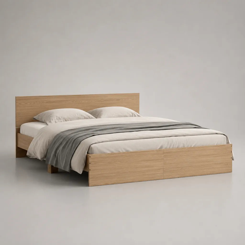 Letto matrimoniale 160 × 200 cm in pannello di particelle, decorazione di rovere leggero, 166 × 206 × 90 cm
