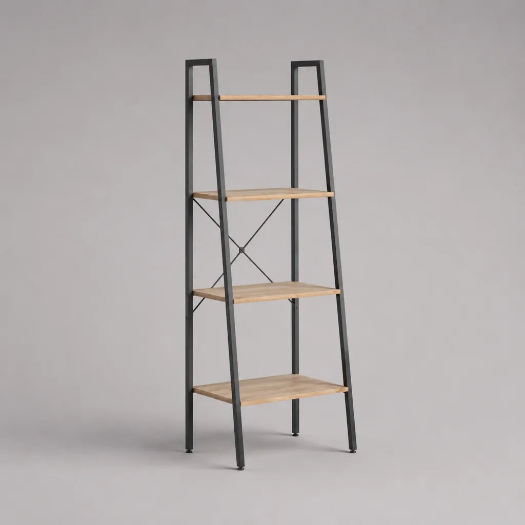 Libreria in scala trapezoidale con 4 ripiani in legno e acciaio, rovere nero e leggero, 60 × 35 × 150 cm