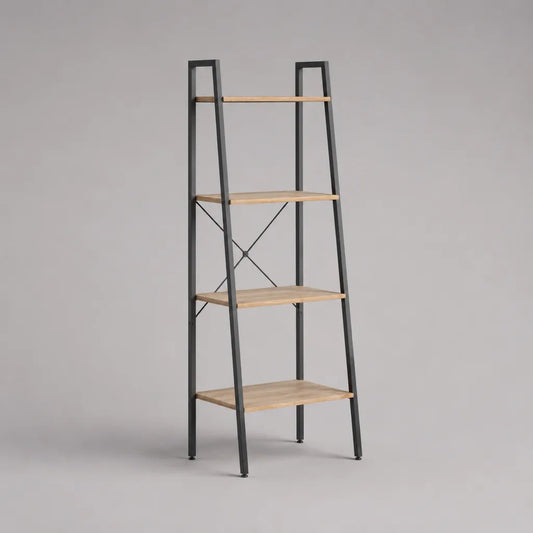 Libreria in scala trapezoidale con 4 ripiani in legno e acciaio, rovere nero e leggero, 60 × 35 × 150 cm