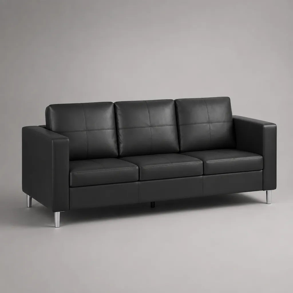 Divano PU 3 posti in pelle nera con piedi in metallo argento, 185 × 78 × 82 cm