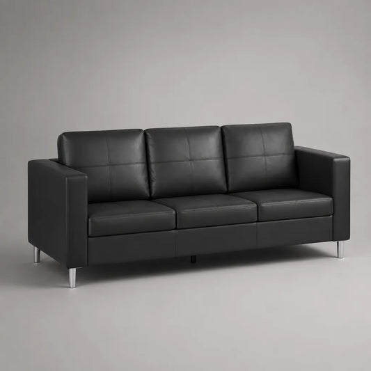 Divano PU 3 posti in pelle nera con piedi in metallo argento, 185 × 78 × 82 cm