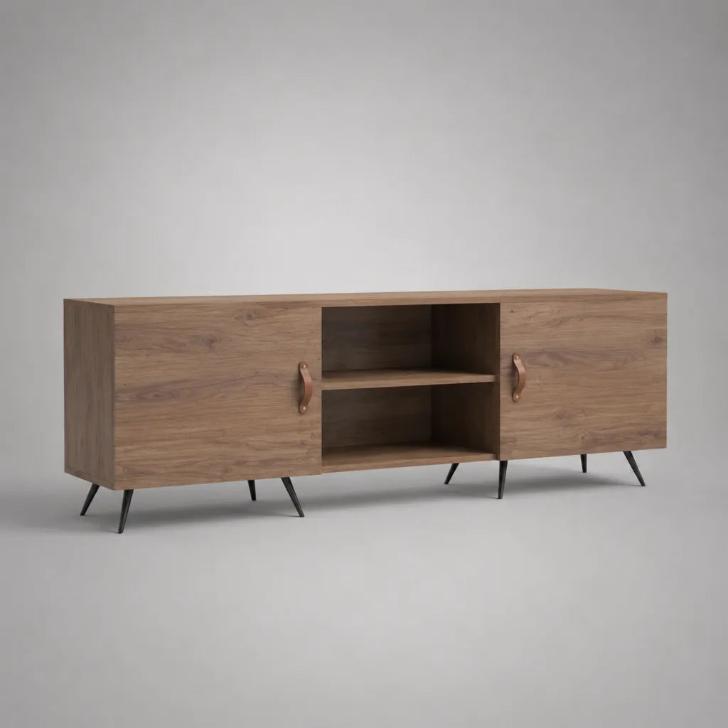 Armadio rettangolare a bassa TV in legno e metallo, decorazione di rovere marrone e nero, 160 × 40 × 60 cm