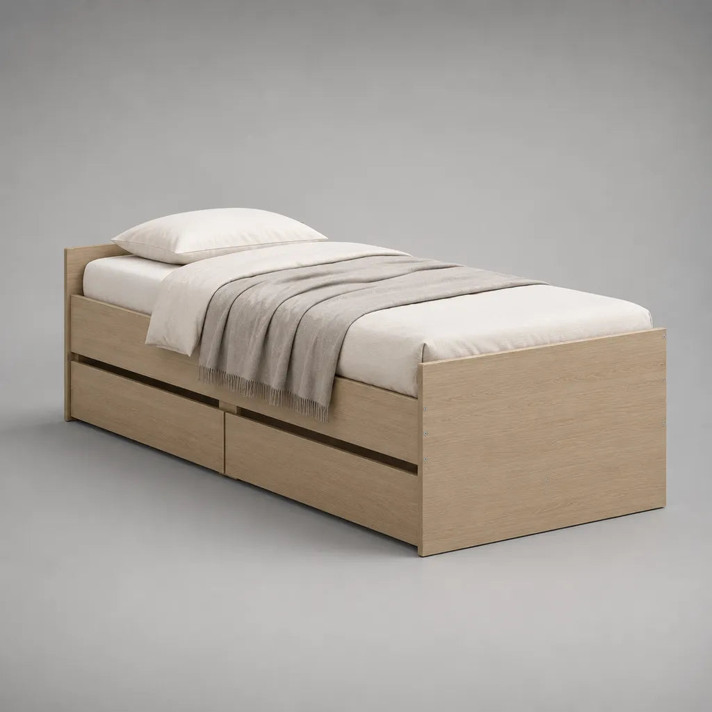 Letto singolo rettangolare con 3 cassetti di pannello di particelle di melamina, rovere leggero, 90 × 200 cm di sonno, dimensioni 205 × 96 × 70 cm