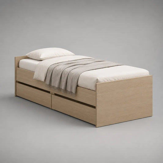 Letto singolo rettangolare con 3 cassetti di pannello di particelle di melamina, rovere leggero, 90 × 200 cm di sonno, dimensioni 205 × 96 × 70 cm