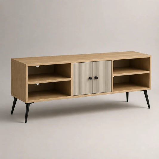 Armadio TV rettangolare in pannello di particelle di melamina e MDF, 2 porte e 4 nicchie, rovere naturale, beige e nero, 160 × 40 × 60 cm