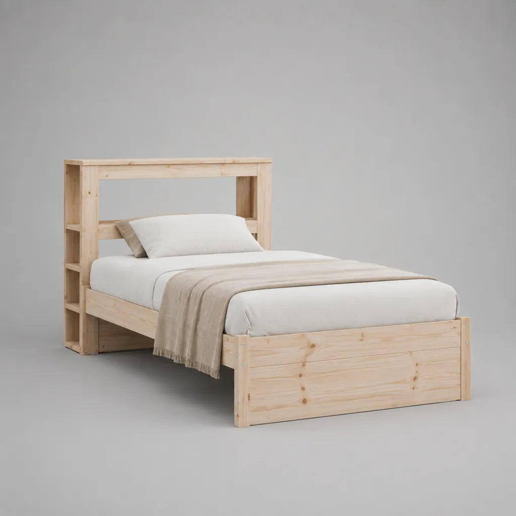 Letto singolo in pino massello naturale con testa da letto, letto 90 × 200 cm, dimensioni 214 × 108 × 145 cm