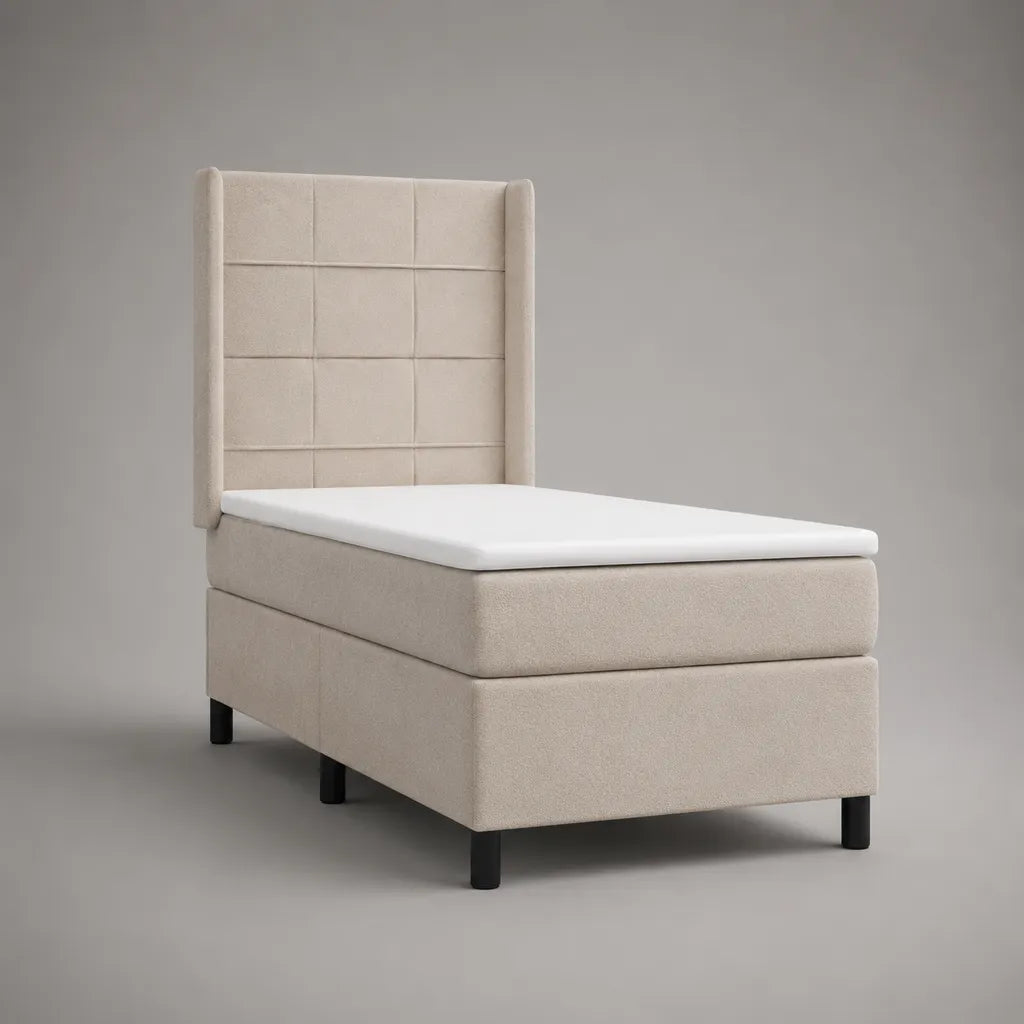Letto singolo con materasso in tessuto beige con testata, materasso e materasso, letto 90 × 200 cm