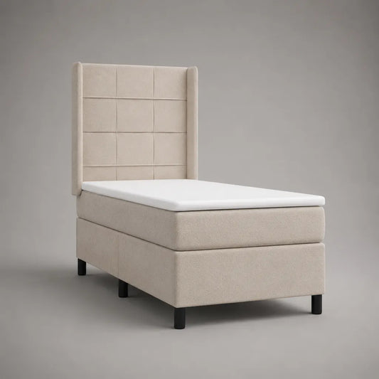 Letto singolo con materasso in tessuto beige con testata, materasso e materasso, letto 90 × 200 cm