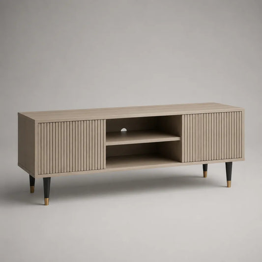 Basso armadio TV MDF taupe, nero e ottone con 2 porte scanalate e 2 nicchie, 140 × 40 × 60 cm