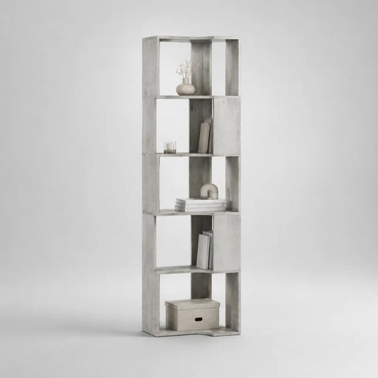 Libreria a 5 livelli di ripiano asimmetrico di pannello di particelle di melamina in cemento grigio, 50 × 24 × 180 cm