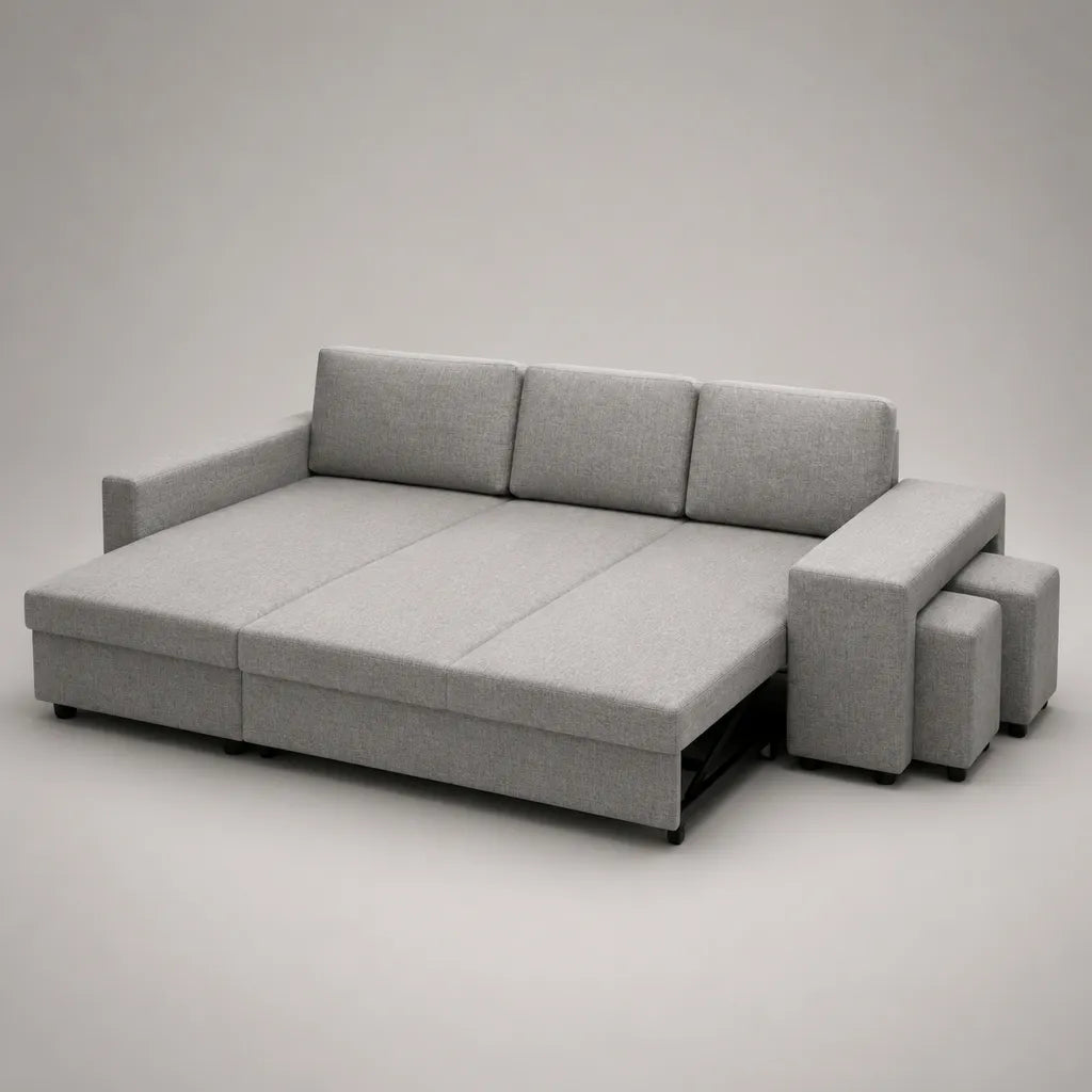 Divano letto convertibile 3 posti in tessuto grigio chiaro con 2 pouf, 260 × 95 × 85 cm, letto 210 × 160 cm
