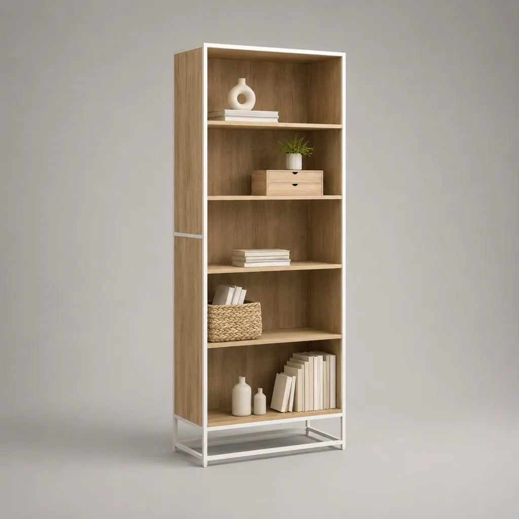 Libreria aperta con 5 livelli di pannello di particelle e acciaio, 70 × 30 × 180 cm, rovere chiaro e bianco