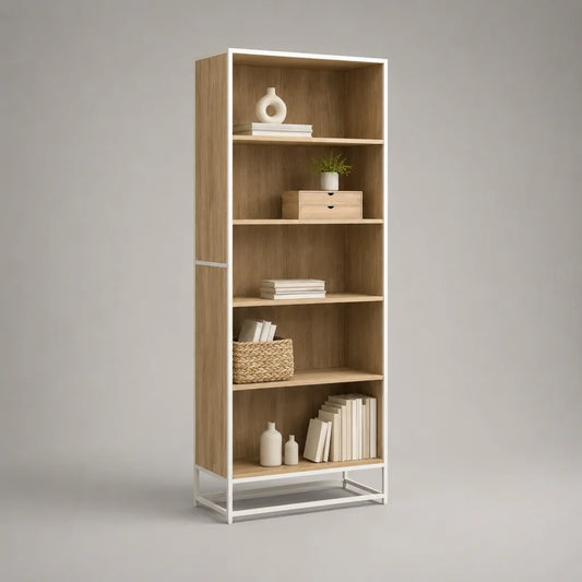 Libreria aperta con 5 livelli di pannello di particelle e acciaio, 70 × 30 × 180 cm, rovere chiaro e bianco