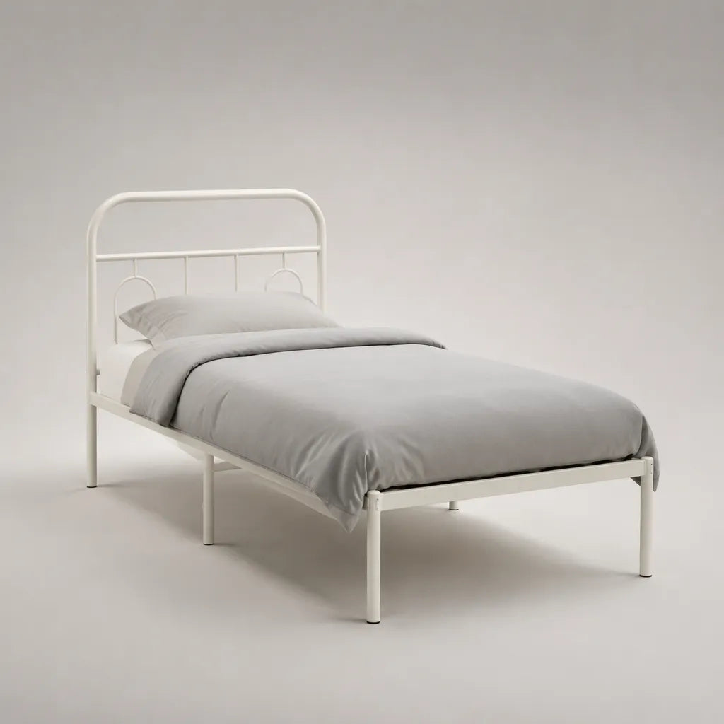 Cornice letto singolo in acciaio bianco con testata, letto 90 × 200 cm, dimensioni 208 × 96 × 100 cm
