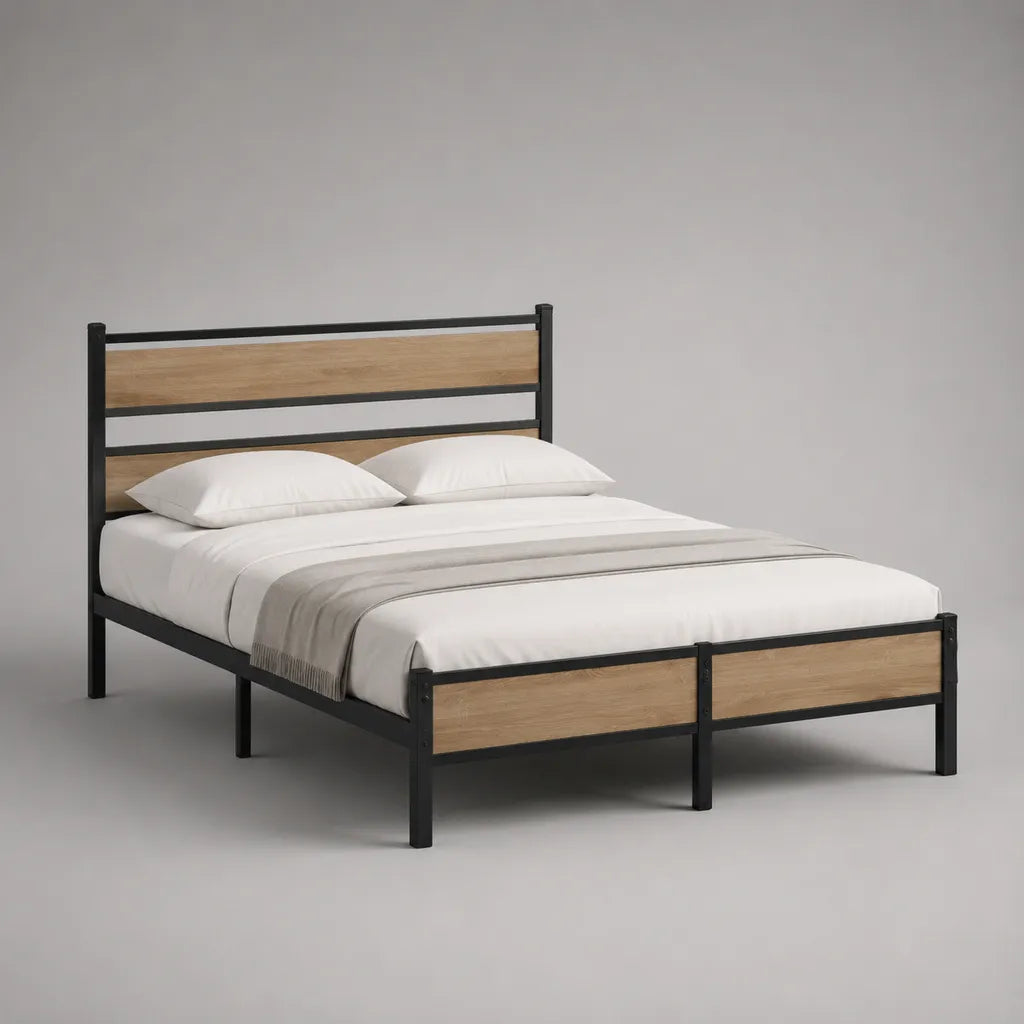 Telaio letto matrimoniale 140 × 200 cm in acciaio e MDF, rovere nero e leggero