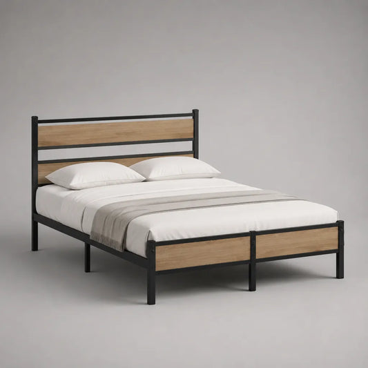 Telaio letto matrimoniale 140 × 200 cm in acciaio e MDF, rovere nero e leggero