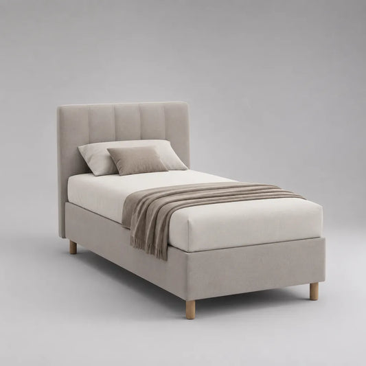 Letto singolo imbottito chiaro beige 90 × 200 cm con testata con pannelli verticali e lettino con latte