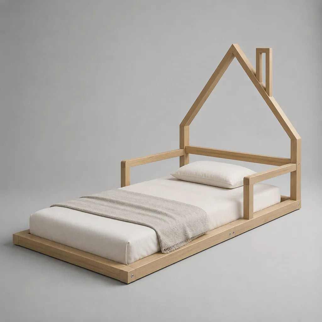Letto per bambini in legno naturale 90 × 190 cm con barriere, dimensioni 199 × 99 × 160 cm