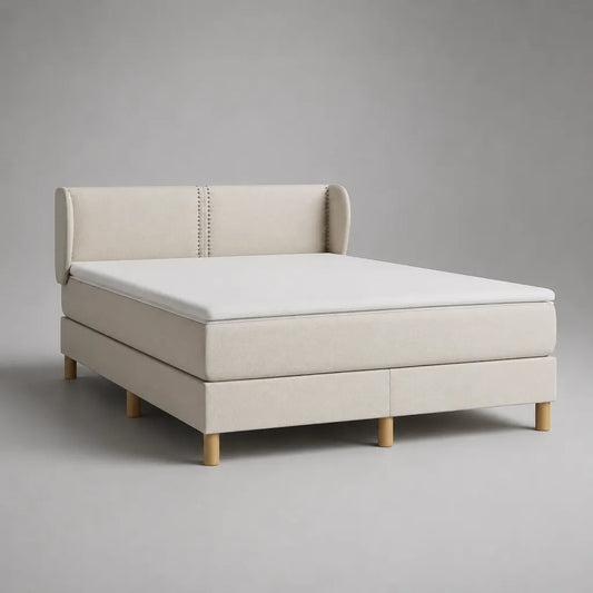 Letto continentale a 2 posti in tessuto beige con testata, materassi e materassi, 170 × 210 × 110 cm, letto 160 × 200 cm