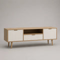 Armadio TV rettangolare MDF, finitura rovere naturale e bianco, facciate scanalate, 150 × 40 × 60 cm