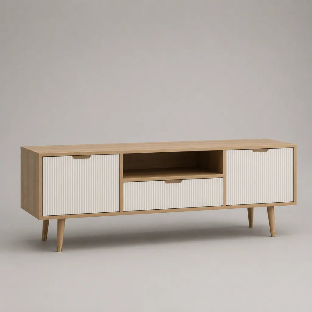 Armadio TV rettangolare MDF, finitura rovere naturale e bianco, facciate scanalate, 150 × 40 × 60 cm