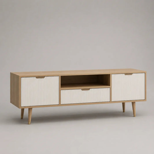Armadio TV rettangolare MDF, finitura rovere naturale e bianco, facciate scanalate, 150 × 40 × 60 cm