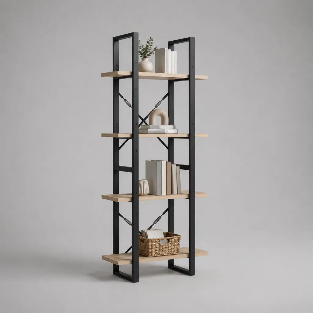 Libreria di ripiani in legno e acciaio a 4 livelli, rovere chiaro e nero, 70 × 30 × 170 cm