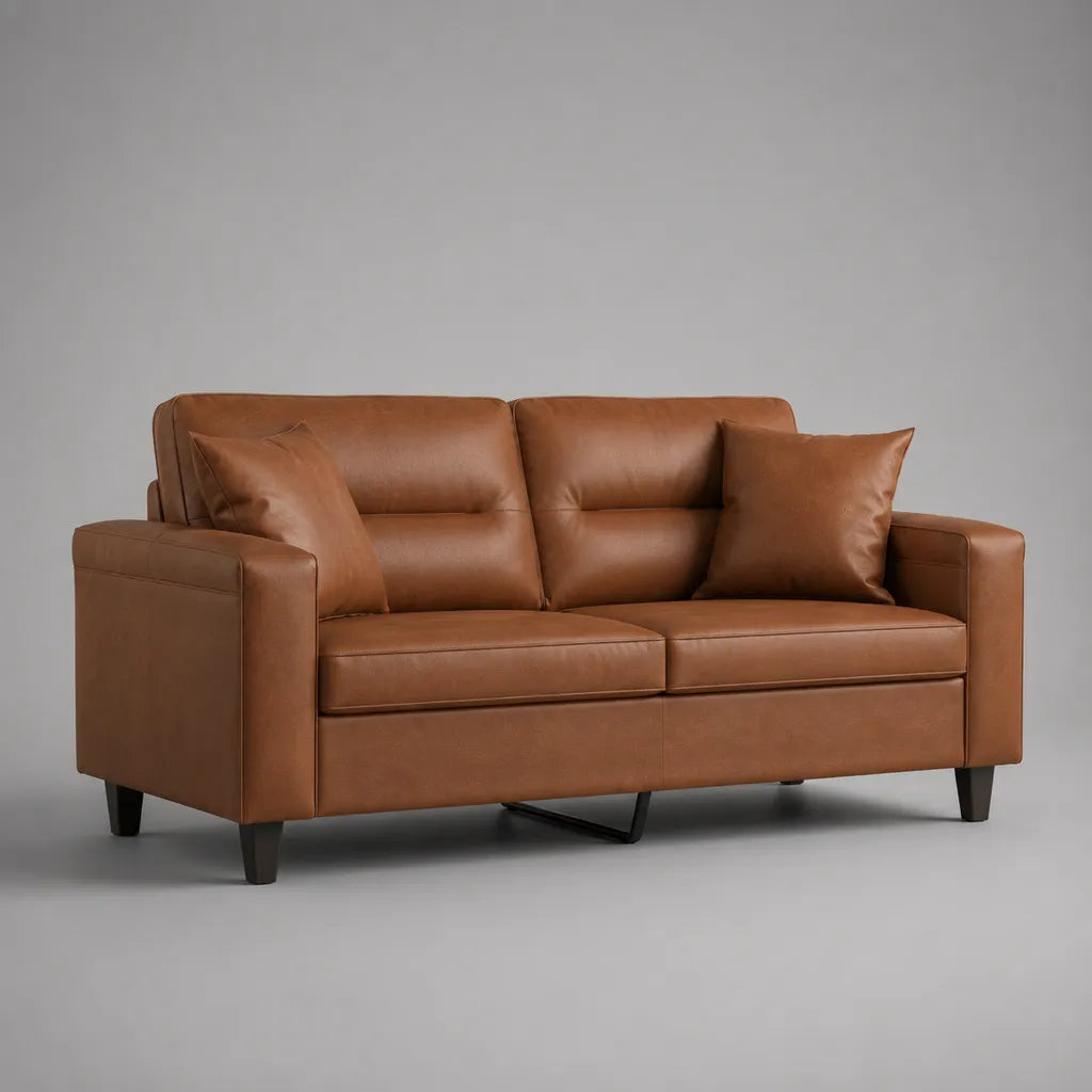 Divano 2 posti in cognac e similpelle PU nera con letto gigogne, 174 × 86 × 85 cm
