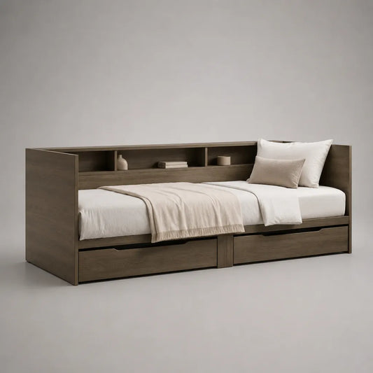 Panca letto 1 sedile marrone effetto annegamento con 2 cassetti e libreria di letto testa, 90 × 200 cm, dimensioni 216 × 105 × 100 cm